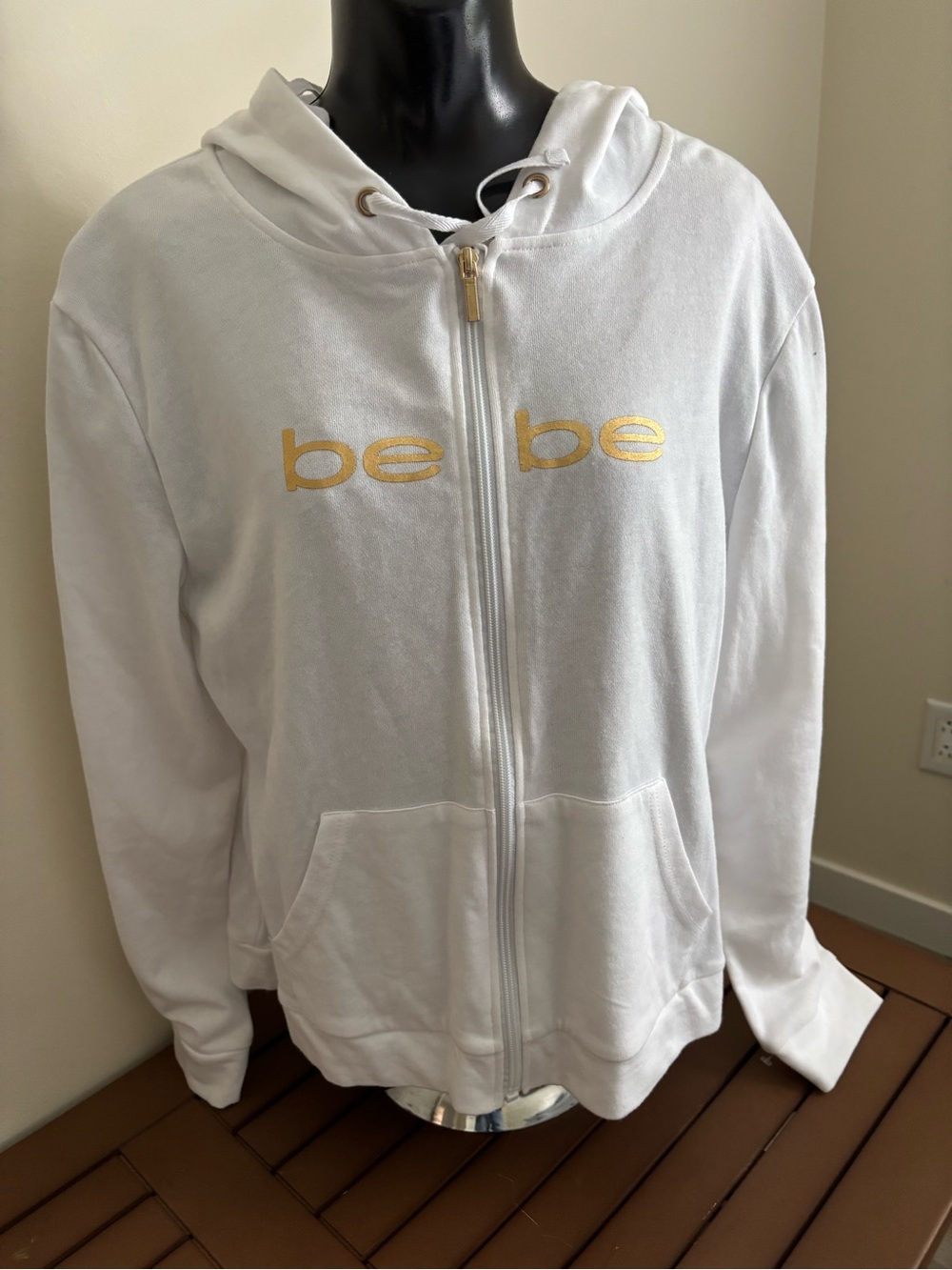bebe White Zip-Up Hoodie with Gold Logo